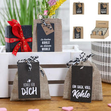 Laden Sie das Bild in den Galerie-Viewer, KAMACA 3er Set Geldgeschenkverpackung mit Sprüchen für Geldgeschenke kleine Geschenke Geschenkverpackung Geld Gutschein Geburtstag (3er Set Jutebeutel Kohle)