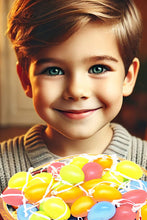 Laden Sie das Bild in den Galerie-Viewer, 72 Bunte Ostereier Bunt 4cm aus Kunststoff mit Bändchen zum Aufhängen Hängedeko für Osterstrauß Kunststoffeier Osterdeko Deko zu Ostern Osterzeit