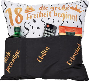 Dekokissen 18. GEBURTSTAG Kissen mit 3 Taschen zum selber Befüllen Größe 43x43 cm tolles Geschenk zum Geburtstag