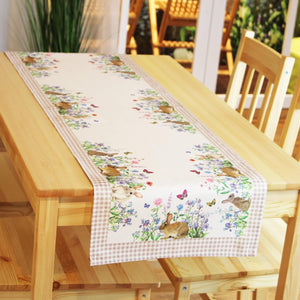 Tischläufer HASEN IN DER BLUMENWIESE Frühling Ostern 40x140 cm Hasen Dekor Bunt Waschbar Küche Esstisch Tisch Dekoration