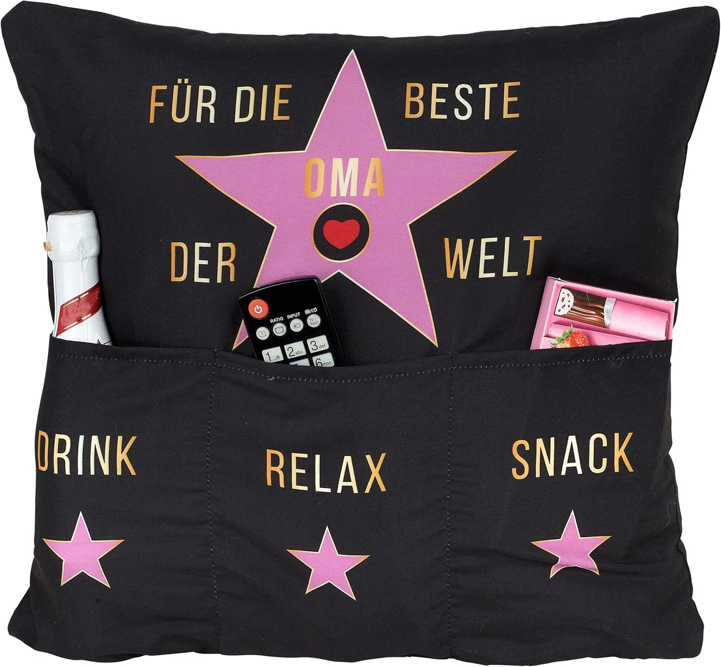 Dekokissen BESTE OMA DER WELT Kissen mit 3 Taschen zum selber Befüllen Größe 43x43 cm tolles Geschenk Geburtstag