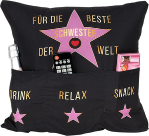 Dekokissen BESTE SCHWESTER DER WELT Kissen mit 3 Taschen zum selber Befüllen Größe 43x43 cm tolles Geschenk für einen lieben Menschen