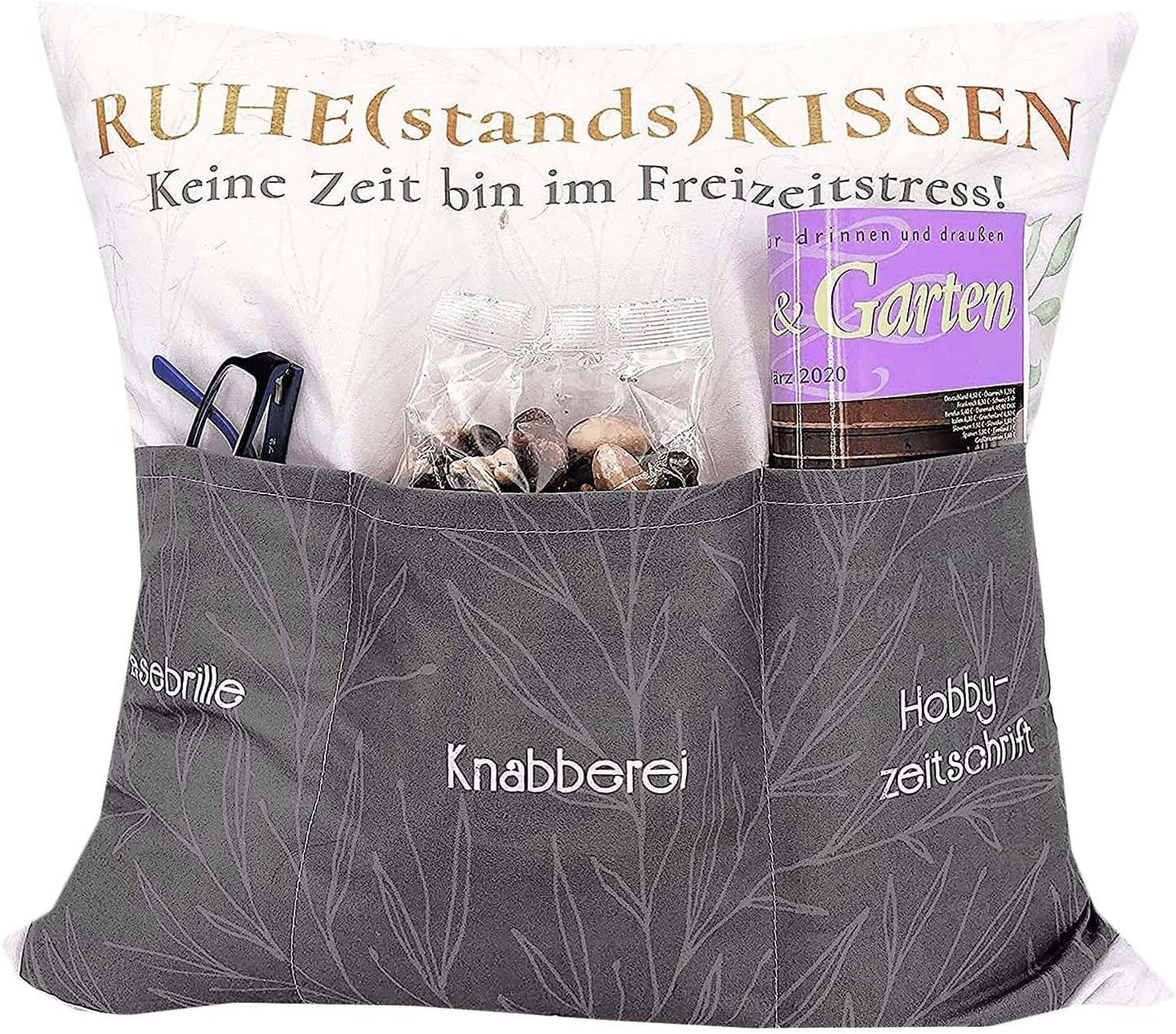 KAMACA Originelles Dekokissen Kissen mit 3 Taschen zum selbst Befüllen und Spruch Größe 43x43 cm tolles Geschenk für Anlässe wie Rente Ruhestand (Ruhestandskissen A)