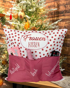 KAMACA Originelles Dekokissen Kissen mit 3 Taschen zum selbst Befüllen und Spruch Größe 43x43 cm tolles Geschenk für Anlässe wie z.B. Geburtstag (Frauenkissen A)