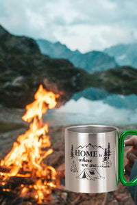 KAMACA Edelstahl Thermobecher Camping Tasse 200 ml mit Karabiner-Henkel Metall-Becher für  Camping & Outdoor Wandern Trekking Campen Silber (Home is where we are…)