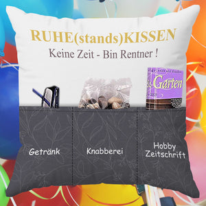 Originelles Dekokissen RUHESTANDSKISSEN Kissen mit 3 Taschen zum selber Befüllen Größe 43x43 cm tolles Geschenk für ein gelungen Sofaabend Filmabend Öko Tex