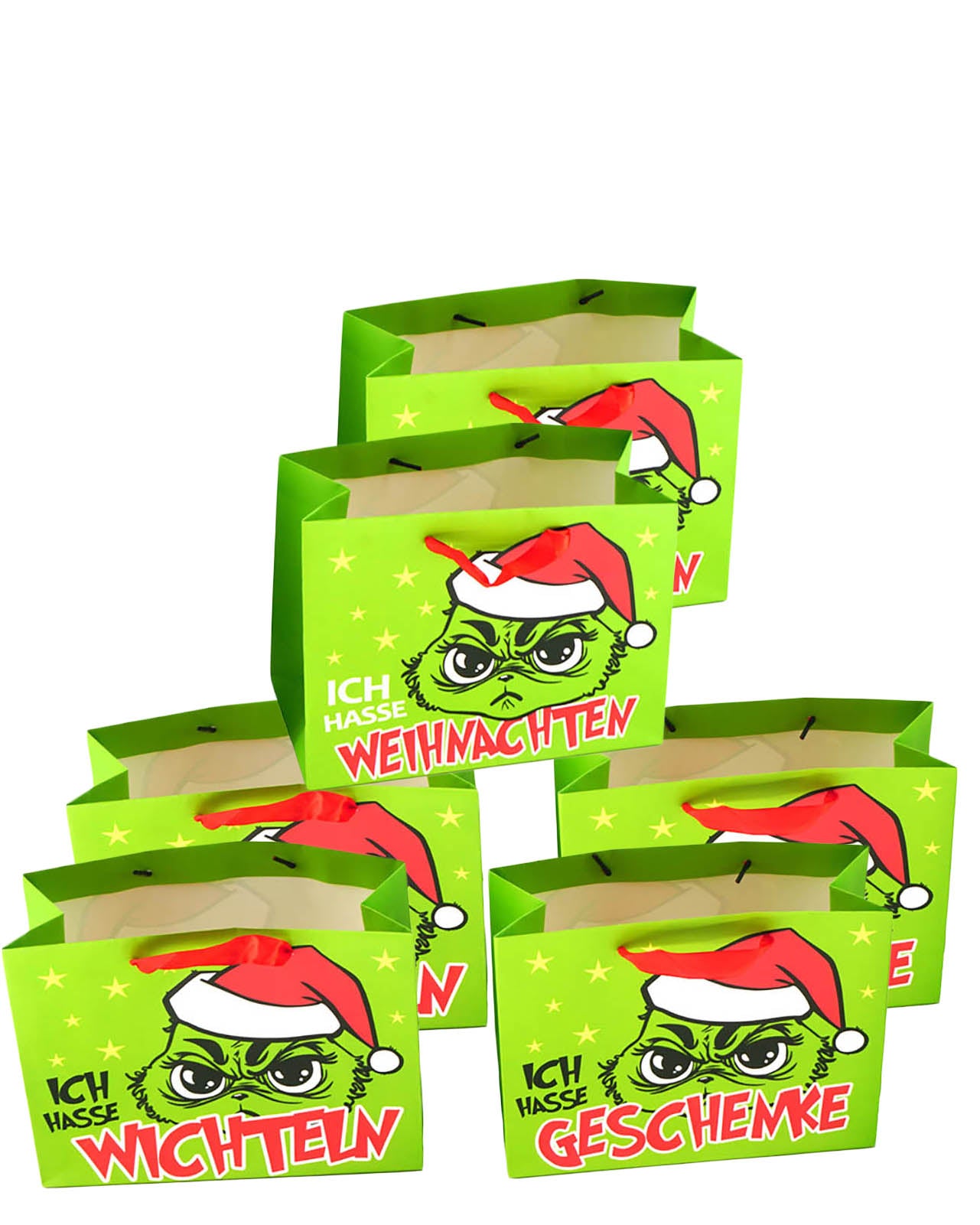 KAMACA 6er Set Geschenktaschen Papier Geschenktüten mit Weihnachtsmotiv Weihnachtstüte mit lustigem Spruch Weihnachten Nikolaus (6er Set Festtags-Muffel HxBxT 21 x 27 x 10)