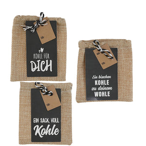 KAMACA 3er Set Geldgeschenkverpackung mit Sprüchen für Geldgeschenke kleine Geschenke Geschenkverpackung Geld Gutschein Geburtstag (3er Set Jutebeutel Kohle)