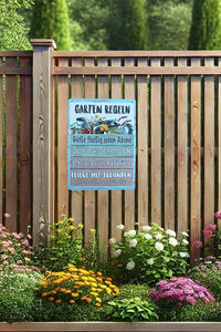 KAMACA Metall Gartenschild mit Gartenregeln Wandschild mit Sprüchen charmante Dekoration für Ihren Garten Outdoor Blechschild zum Aufhängen (Metallschild Gartenregeln)