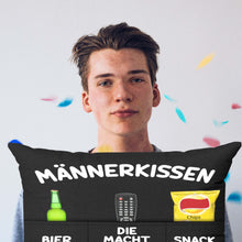 Laden Sie das Bild in den Galerie-Viewer, Originelles Dekokissen MÄNNERKISSEN  Kissen mit 3 Taschen zum selber Befüllen Größe 43x43 cm tolles Geschenk für ein gelungenen Sofaabend
