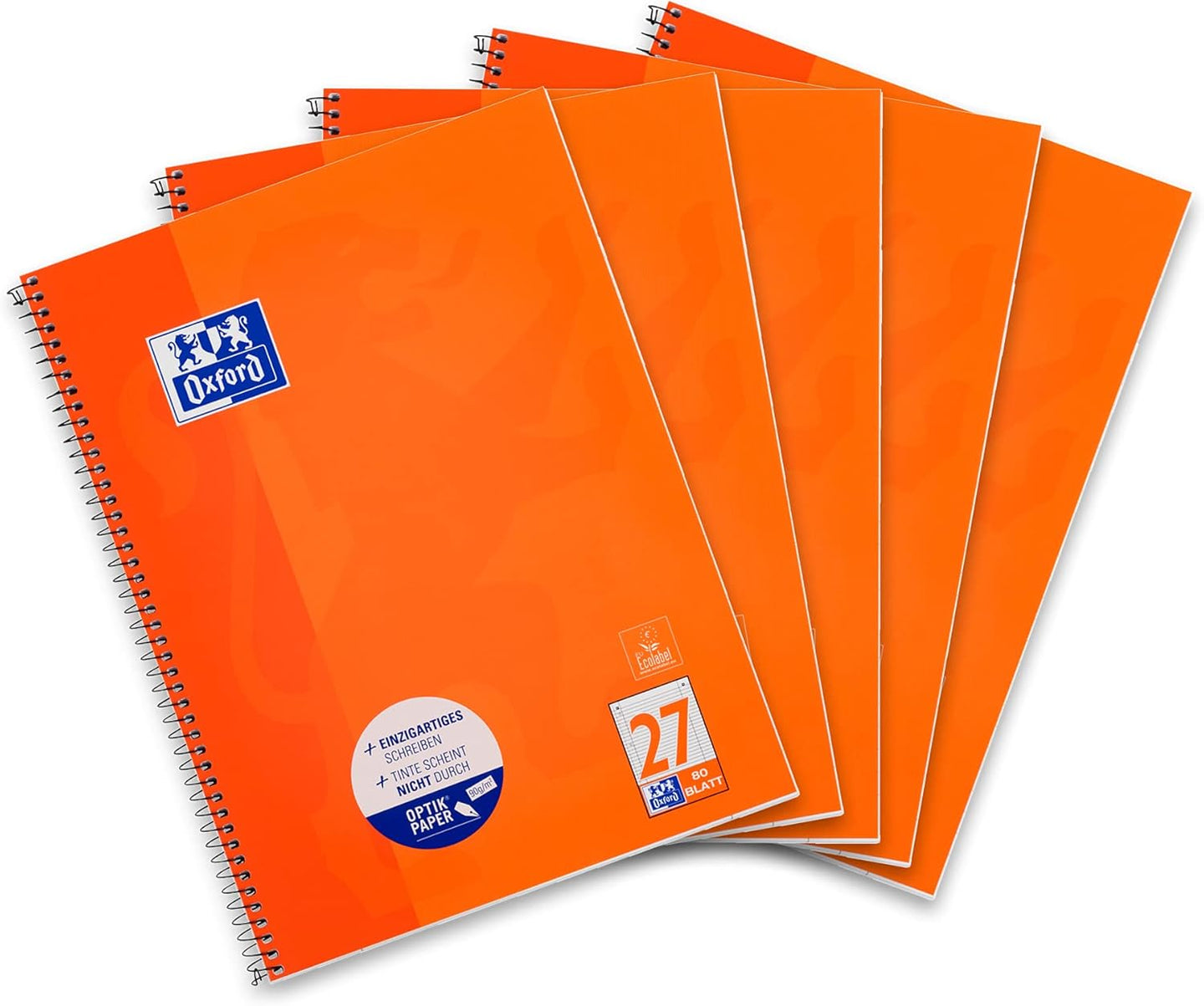 5er Set OXFORD Schule Collegeblock A4 27 orange (220 x 295 mm), 80 Blatt, liniert Doppelrand, 90 g/m², 4fach gelocht