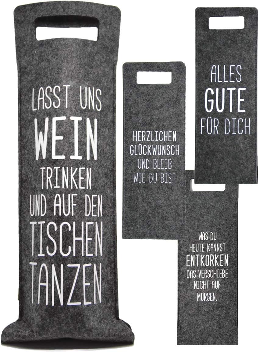 KAMACA 4er Set Flaschentaschen Geschenktüten für Wein aus Filz Weintasche mit lustigem Spruch Geschenkverpackung Wein Geschenktasche für Weinflaschen (4er Set Filz Sprüche)