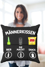 Laden Sie das Bild in den Galerie-Viewer, Originelles Dekokissen MÄNNERKISSEN  Kissen mit 3 Taschen zum selber Befüllen Größe 43x43 cm tolles Geschenk für ein gelungenen Sofaabend
