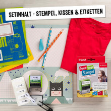 Laden Sie das Bild in den Galerie-Viewer, Trodat Stempel Deine Dinge für Kinder, Stempelset zum Selbst Gestalten – 3 Zeilen, Deutsch, Selbstfärbend, Textilstempel Waschmaschinenfest, 38 x 14 mm, Abdruck Schwarz, inklusive Zubehör
