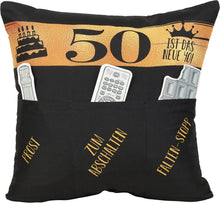 Laden Sie das Bild in den Galerie-Viewer, Dekokissen 50. GEBURTSTAG Kissen mit 3 Taschen zum selber Befüllen Größe 43x43 cm tolles Geschenk zum Geburtstag
