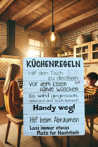 KAMACA Metall Schild mit Küchenregeln Wandschild mit lustigen Sprüchen charmante Wand - Dekoration für Ihre Küche Blechschild zum Aufhängen (Metallschild Küchenregeln)