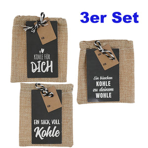 KAMACA 3er Set Geldgeschenkverpackung mit Sprüchen für Geldgeschenke kleine Geschenke Geschenkverpackung Geld Gutschein Geburtstag (3er Set Jutebeutel Kohle)