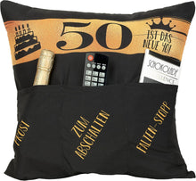 Laden Sie das Bild in den Galerie-Viewer, Dekokissen 50. GEBURTSTAG Kissen mit 3 Taschen zum selber Befüllen Größe 43x43 cm tolles Geschenk zum Geburtstag
