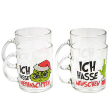 Laden Sie das Bild in den Galerie-Viewer, KAMACA 4er Set Trinkgläser mit Henkel Glaskrug 350 ml mit Spruch Sarkasmus witzig tolles Geschenk lieben Menschen Winter Weihnachten (4er Set Trinkglas Festtags - Muffel)
