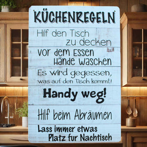KAMACA Metall Schild mit Küchenregeln Wandschild mit lustigen Sprüchen charmante Wand - Dekoration für Ihre Küche Blechschild zum Aufhängen (Metallschild Küchenregeln)