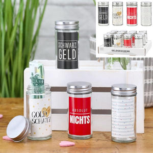 KAMACA 4er Set Geschenkverpackung mit Sprüchen für Geldgeschenke kleine Geschenke Geschenkverpackung Geld Gutschein aus Glas (4er Set Glasröhrchen)