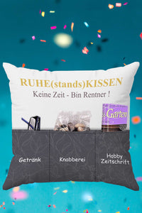 Originelles Dekokissen RUHESTANDSKISSEN Kissen mit 3 Taschen zum selber Befüllen Größe 43x43 cm tolles Geschenk für ein gelungen Sofaabend Filmabend Öko Tex