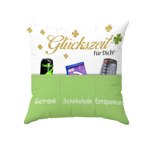 KAMACA Originelles Dekokissen Kissen mit 3 Taschen zum selbst Befüllen und Spruch Größe 43x43 cm tolles Geschenk für Anlässe wie z.B. Geburtstag (Glückszeit A)