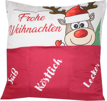 Laden Sie das Bild in den Galerie-Viewer, KAMACA Originelles Dekokissen Weihnachtskissen Kissen mit 3 Taschen zum selber Befüllen Größe 43x43 cm tolles Geschenk Weihnachten Nikolaus (Elch Ole)
