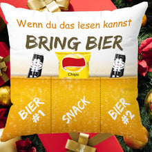 Laden Sie das Bild in den Galerie-Viewer, KAMACA Originelles Dekokissen Kissen mit 3 Taschen zum selbst Befüllen und Spruch Größe 43x43 cm tolles Geschenk für Anlässe wie z.B. Geburtstag (Bierkissen A)
