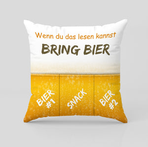 KAMACA Originelles Dekokissen Kissen mit 3 Taschen zum selbst Befüllen und Spruch Größe 43x43 cm tolles Geschenk für Anlässe wie z.B. Geburtstag (Bierkissen A)