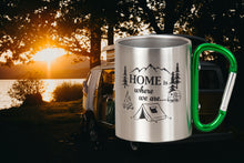 Laden Sie das Bild in den Galerie-Viewer, KAMACA Edelstahl Thermobecher Camping Tasse 200 ml mit Karabiner-Henkel Metall-Becher für  Camping &amp; Outdoor Wandern Trekking Campen Silber (Home is where we are…)
