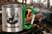 Laden Sie das Bild in den Galerie-Viewer, KAMACA Edelstahl Thermobecher Camping Tasse 200 ml mit Karabiner-Henkel Metall-Becher für  Camping &amp; Outdoor Wandern Trekking Campen Silber (Wander - Becher)
