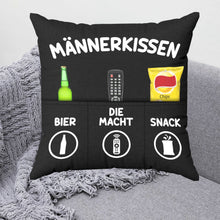 Laden Sie das Bild in den Galerie-Viewer, Originelles Dekokissen MÄNNERKISSEN  Kissen mit 3 Taschen zum selber Befüllen Größe 43x43 cm tolles Geschenk für ein gelungenen Sofaabend
