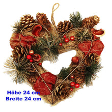 Laden Sie das Bild in den Galerie-Viewer, KAMACA Weihnachtskranz Türkranz in Herzform mit Deko wie Tannenzapfen und Beeren für Türen Fenster Treppengeländer Tischdeko Advent Weihnachten (Türkranz Herz 24 x 24 x 7 cm)
