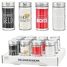 Laden Sie das Bild in den Galerie-Viewer, KAMACA 4er Set Geschenkverpackung mit Sprüchen für Geldgeschenke kleine Geschenke Geschenkverpackung Geld Gutschein aus Glas (4er Set Glasröhrchen)
