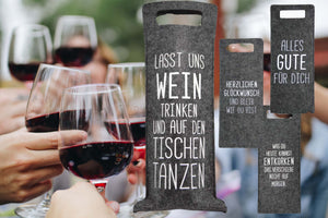 KAMACA 4er Set Flaschentaschen Geschenktüten für Wein aus Filz Weintasche mit lustigem Spruch Geschenkverpackung Wein Geschenktasche für Weinflaschen (4er Set Filz Sprüche)