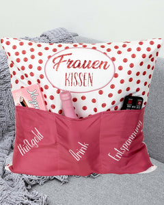 KAMACA Originelles Dekokissen Kissen mit 3 Taschen zum selbst Befüllen und Spruch Größe 43x43 cm tolles Geschenk für Anlässe wie z.B. Geburtstag (Frauenkissen A)