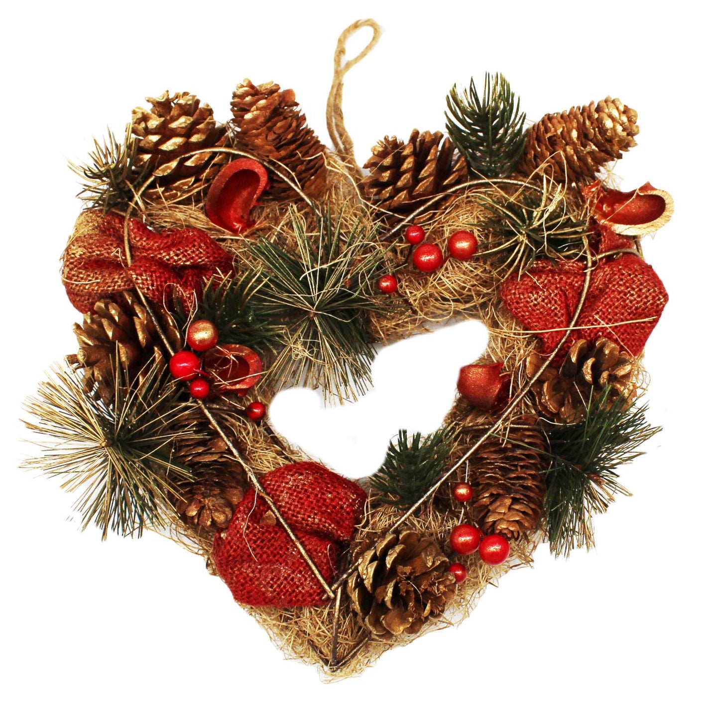 KAMACA Weihnachtskranz Türkranz in Herzform mit Deko wie Tannenzapfen und Beeren für Türen Fenster Treppengeländer Tischdeko Advent Weihnachten (Türkranz Herz 24 x 24 x 7 cm)
