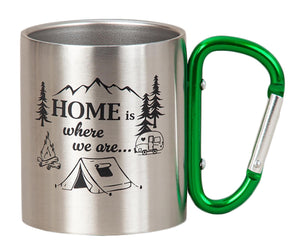 KAMACA Edelstahl Thermobecher Camping Tasse 200 ml mit Karabiner-Henkel Metall-Becher für  Camping & Outdoor Wandern Trekking Campen Silber (Home is where we are…)