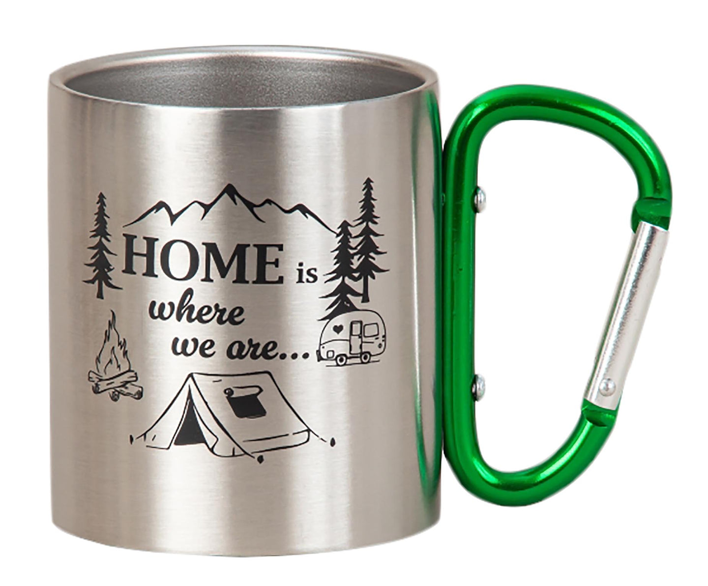 KAMACA Edelstahl Thermobecher Camping Tasse 200 ml mit Karabiner-Henkel Metall-Becher für  Camping & Outdoor Wandern Trekking Campen Silber (Home is where we are…)