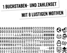 Laden Sie das Bild in den Galerie-Viewer, Trodat Stempel Deine Dinge für Kinder, Stempelset zum Selbst Gestalten – 3 Zeilen, Deutsch, Selbstfärbend, Textilstempel Waschmaschinenfest, 38 x 14 mm, Abdruck Schwarz, inklusive Zubehör
