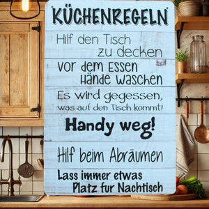 KAMACA Metall Schild mit Küchenregeln Wandschild mit lustigen Sprüchen charmante Wand - Dekoration für Ihre Küche Blechschild zum Aufhängen (Metallschild Küchenregeln)