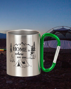 KAMACA Edelstahl Thermobecher Camping Tasse 200 ml mit Karabiner-Henkel Metall-Becher für  Camping & Outdoor Wandern Trekking Campen Silber (Home is where we are…)