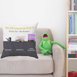 Originelles Dekokissen RUHESTANDSKISSEN Kissen mit 3 Taschen zum selber Befüllen Größe 43x43 cm tolles Geschenk für ein gelungen Sofaabend Filmabend Öko Tex