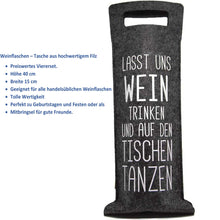 Laden Sie das Bild in den Galerie-Viewer, KAMACA 4er Set Flaschentaschen Geschenktüten für Wein aus Filz Weintasche mit lustigem Spruch Geschenkverpackung Wein Geschenktasche für Weinflaschen (4er Set Filz Sprüche)
