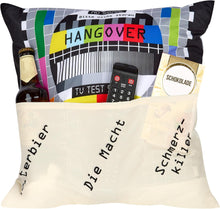 Laden Sie das Bild in den Galerie-Viewer, Originelles Dekokissen Wendekissen HAPPY BIRTHDAY + HANGOVER Kissen mit 3 Taschen zum selber Befüllen Größe 43x43 cm tolles Geschenk Geburtstag
