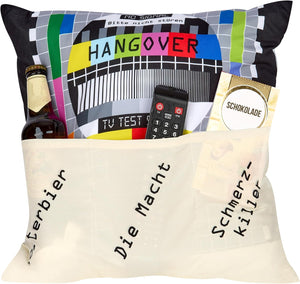 Originelles Dekokissen Wendekissen HAPPY BIRTHDAY + HANGOVER Kissen mit 3 Taschen zum selber Befüllen Größe 43x43 cm tolles Geschenk Geburtstag