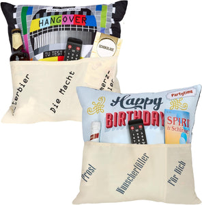 Originelles Dekokissen Wendekissen HAPPY BIRTHDAY + HANGOVER Kissen mit 3 Taschen zum selber Befüllen Größe 43x43 cm tolles Geschenk Geburtstag