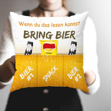 Laden Sie das Bild in den Galerie-Viewer, KAMACA Originelles Dekokissen Kissen mit 3 Taschen zum selbst Befüllen und Spruch Größe 43x43 cm tolles Geschenk für Anlässe wie z.B. Geburtstag (Bierkissen A)
