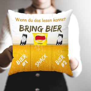 KAMACA Originelles Dekokissen Kissen mit 3 Taschen zum selbst Befüllen und Spruch Größe 43x43 cm tolles Geschenk für Anlässe wie z.B. Geburtstag (Bierkissen A)